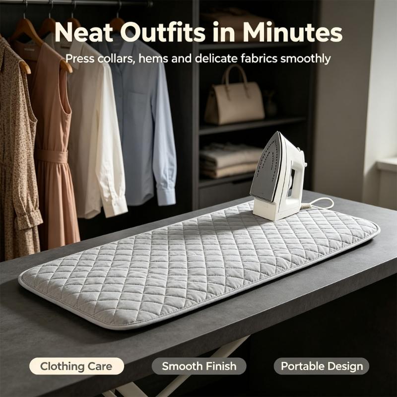 Either-Side Ironing Pad with Folding Design, Space-Saving Garment Care Work Area for Home, Office, Dorm, or Travel Use