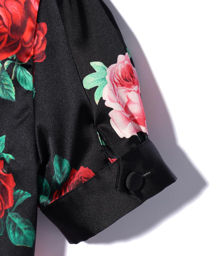 YOUHEE Satin Flower Pattern Blouse Black