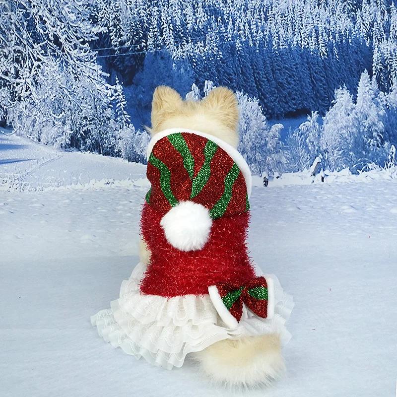 Christmas Dog Clothes Christmas Party Festive Atmosphere Hooded Pompadour Group Dress