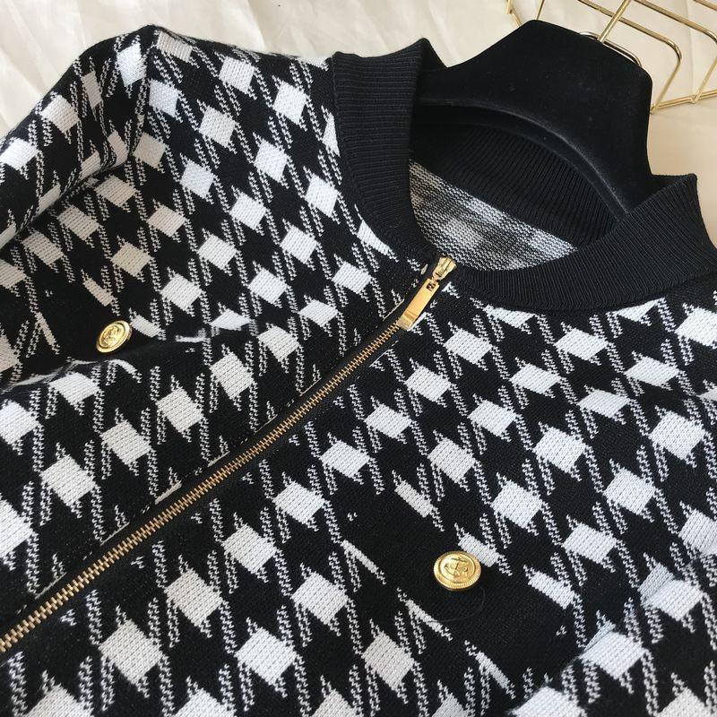 European Women's Houndstooth Knit Cardigan Two-Piece Set Casual Wear