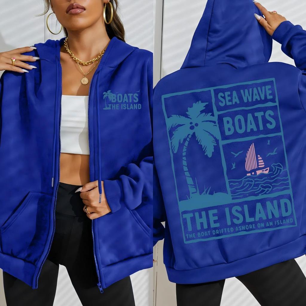 Sea Wave Boats The Island Printed Zipper Hoodie Woman Fashion Oversize Hoody Autumn O-Neck Streetwear Clothing