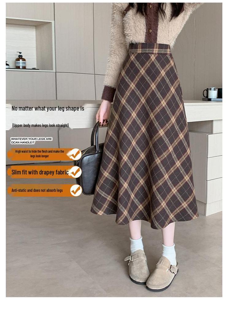 Korean Wool Plaid Midi Skirt: High-Waisted, Plus Size, Slimming A-line - Winter 2026