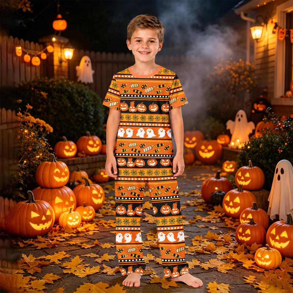 Family Matching Halloween Print Short Sleeve Pajama Set - Top and Pants for Mom and Kids