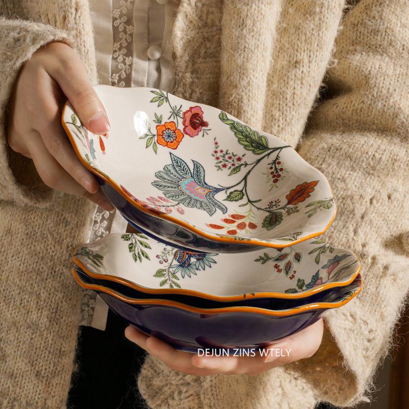 1pc Thickened Ceramic Plates Household Exquisite Noodle Bowls Chinese Ceramic Fruit Salad Plates Kitchen Tableware Accessories