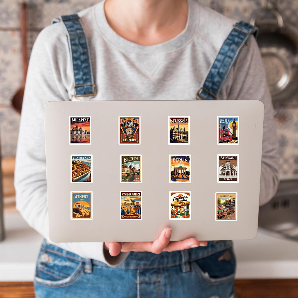 50Pcs European City Travel Stickers Famous Landmark Buildings Decals DIY Trolley Luggage Suitcase Refrigerator Car Sticker