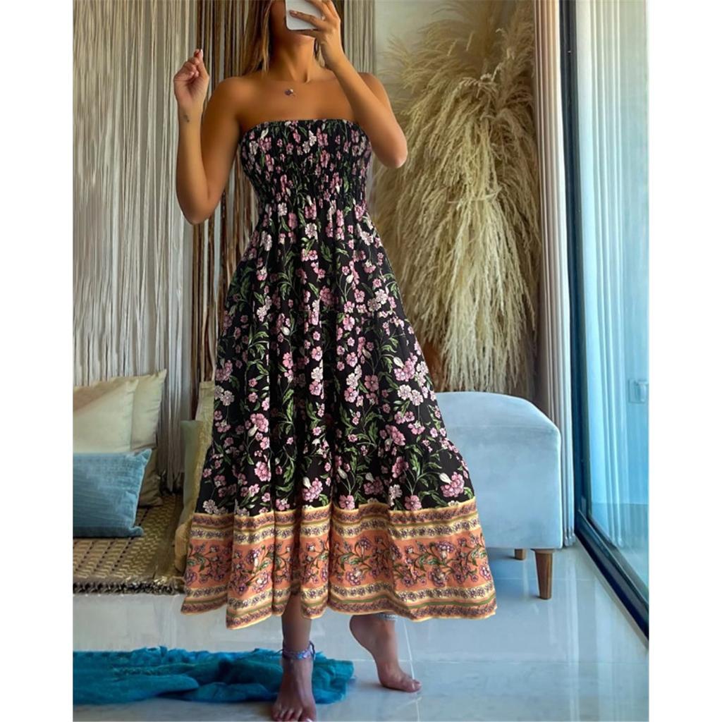 Sommer Neu Böhmischer Urlaubsstil Mehrfarbiger Druck Süßes Bustierkleid Große Schwingkleider für Frauen