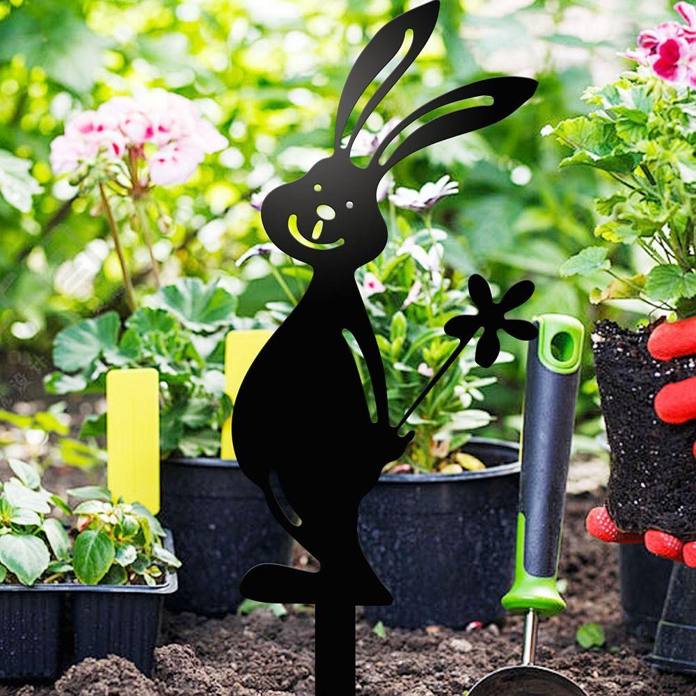 Creative Iron Rabbit Garden Stakes Cartoon Rabbit Black Outdoor Bunny Panel Accessories Yard Art Garden Stake Decoration