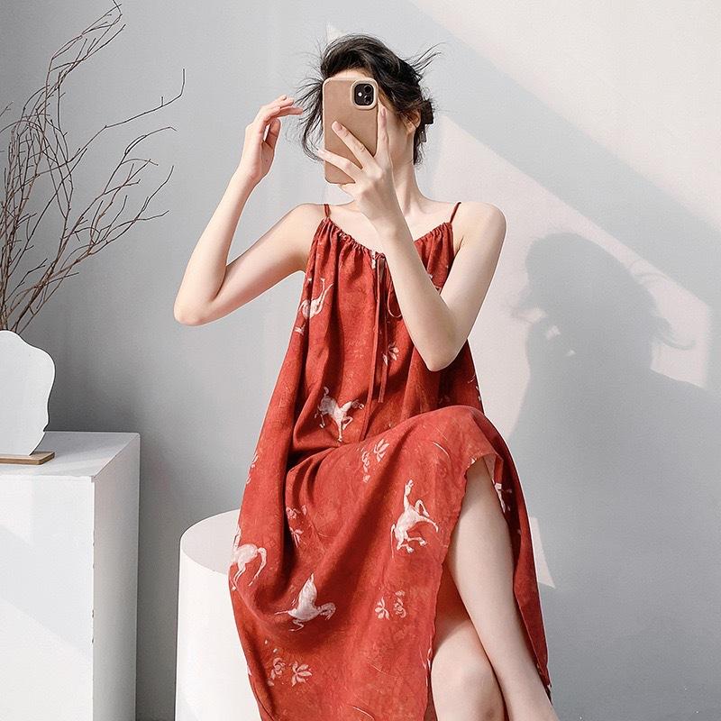 Suspender nightgown women's summer sexy long can wear cotton silk pajamas spring and autumn thin high-end loungewear