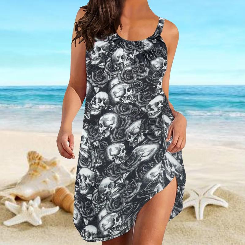Beach Wear Mini Dress Print Trendy Boutique Loose Skull Beach Dress Casual Modern Dress Sleeveless Loose Fit Outdoor Daily Summer