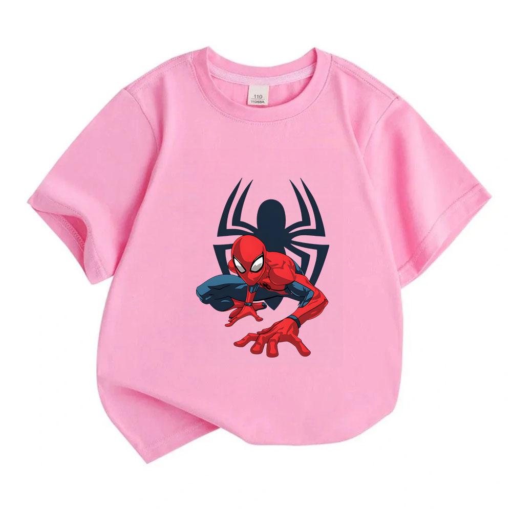 Kids Boys Girls Crew Neck Short Sleeve T-Shirt, 100% Cotton Casual Tees, Cool Super Hero Spider Print Soft Breathable Summer Tops for Daily Play Outdo