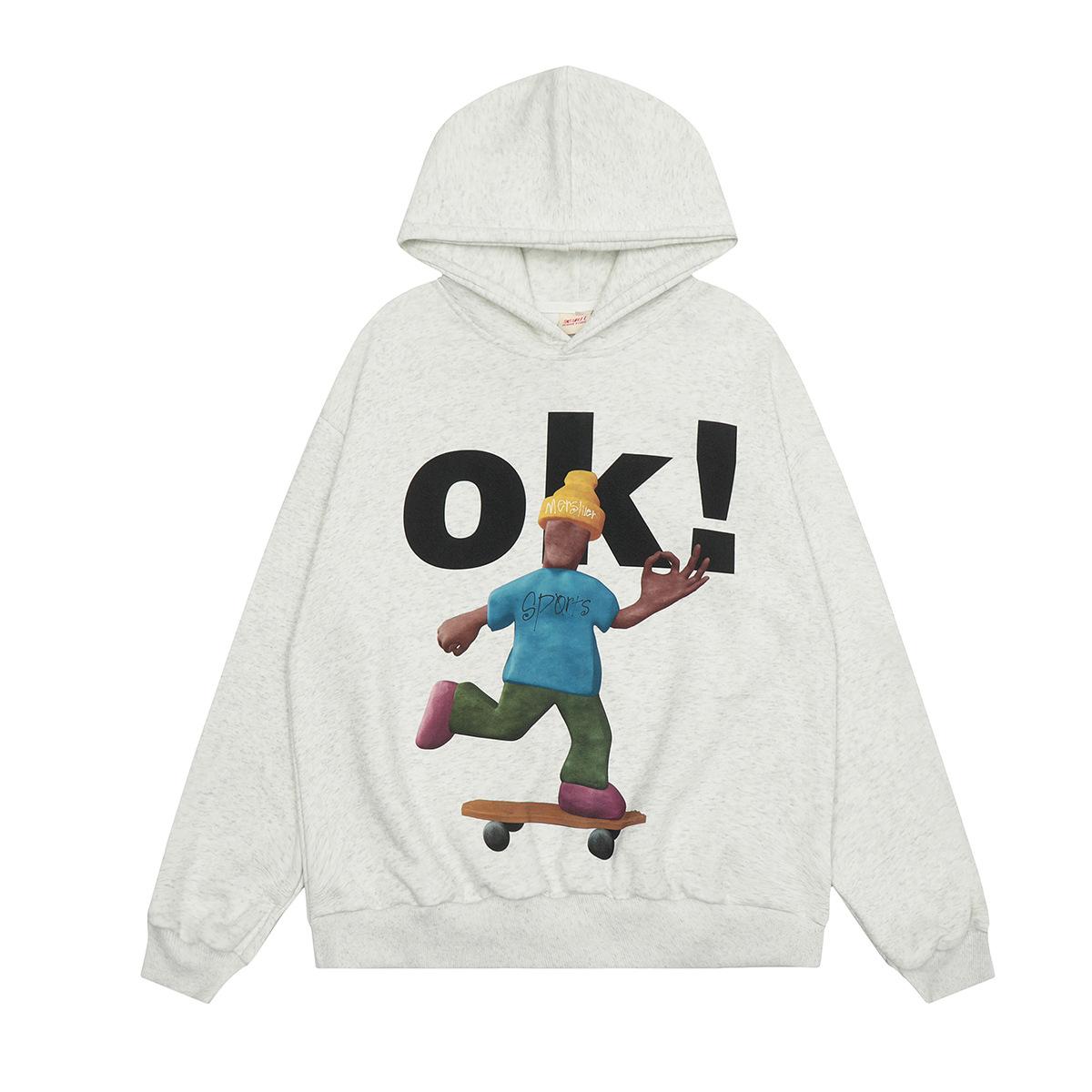 Men s autumn and winter hoodie sports American retro trendy brand fun skateboard character print hooded sweater men M