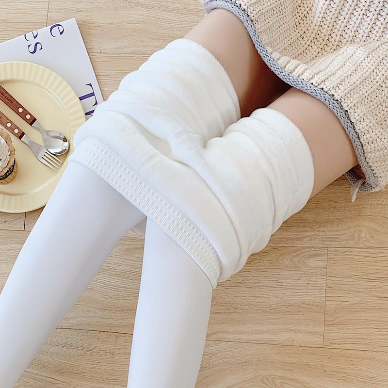 Women's High-Waist Cotton Leggings - Thick, Velvet-Lined, Stirrup Tights In Milk White & Beige for Autumn/Winter