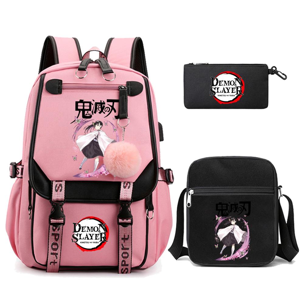 3Pcs/set Cartoon Demon Slayer Printed Backpack with Shoulder Bag for Teenager Student Girl Boy Bookbag Large Capacity Travel Bag