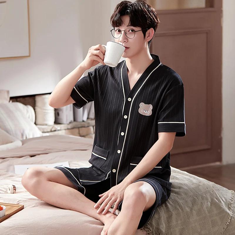 

Мужские летние шорты кимоно мода медведь принт хлопок пижама комплект пижамы кардиган досуг мужчины L for 55-65kg