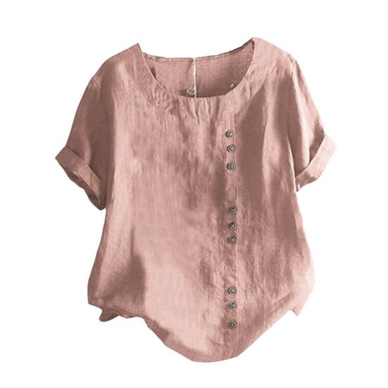 Women Summer T-shirt Round Neck Short Sleeve Buttons Decor Tee Shirt Solid Color Loose Fit Pullover Tops Daily Wear