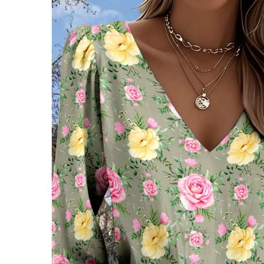 Lady Bohemian Retro Western Style V-Neck Shirt - Lantern Sleeve, Suitable for Spring and Summer Vacations, Casual Attire and Bohemian Style Wearing