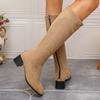Fashion New Style of Suede Round-toed Chunky High Boots, Chunky Round-toed Boots That Don't Reach the Knees, Slim Boots