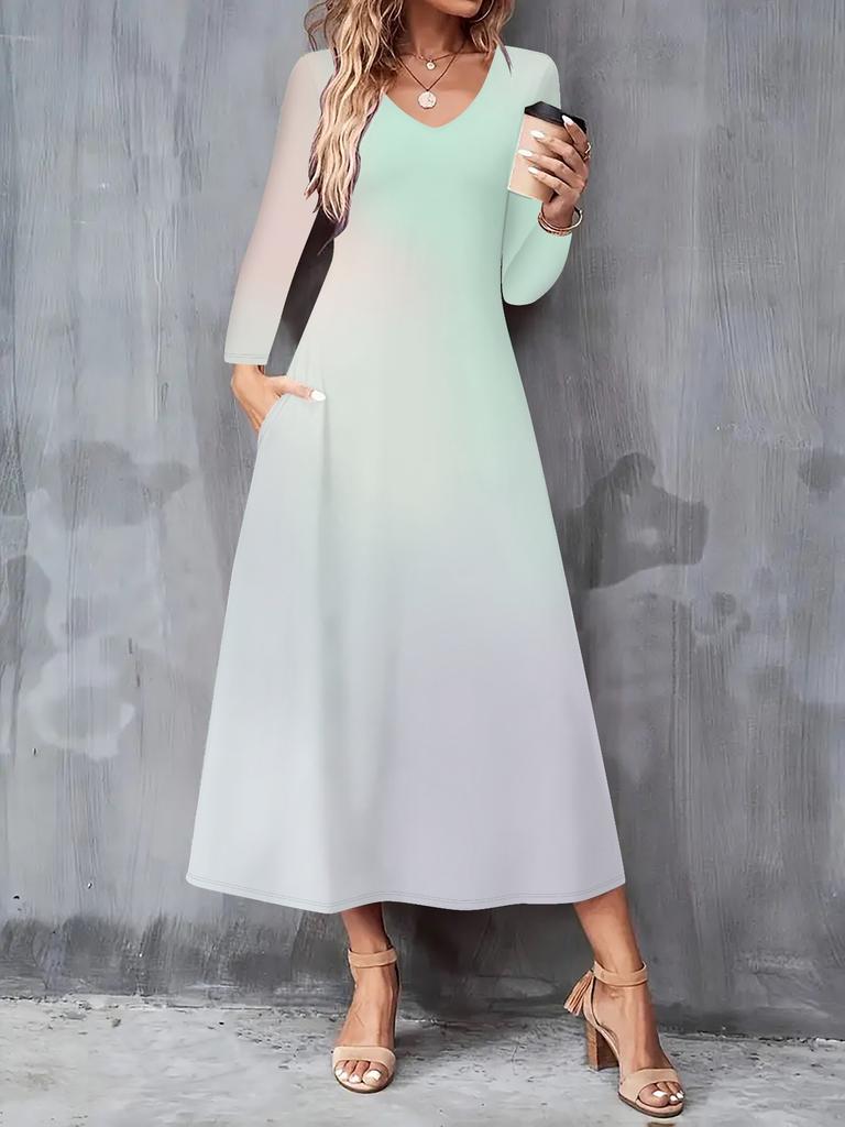 2025 Autumn and Winter New Women Casual Fashion Dress 3D Tie-dye Print Long Sleeve V-Neck A-Line Dresses