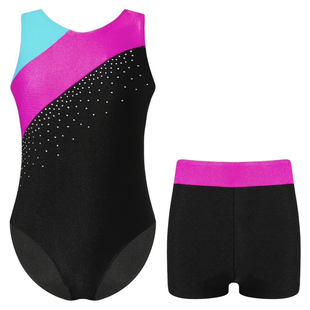 Girls Dance Wear Set Sleeveless Round Neckline Shiny Rhinestone Decorated Contrast Color Leotard and Shorts