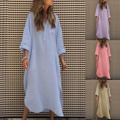 Women's Solid Color Long Sleeve V-Neck Slit Loose Long Elegant Dress