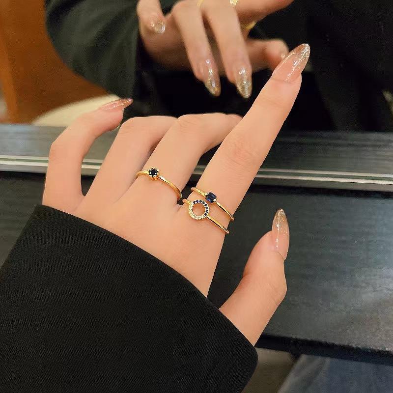 Niche Temperament Retro Blue Zircon Ring Women'S Simple High-End Stacked Three-Piece Open Ring