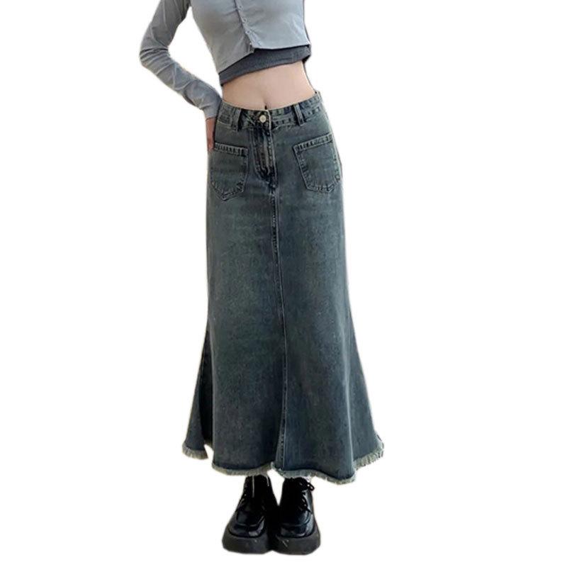 High-waisted Retro Fishtail Skirt Denim Skirt Female Summer Burlap Design Sense Package Hip Mid-length Bustier Skirt Fashion Denim Bustier Skirt