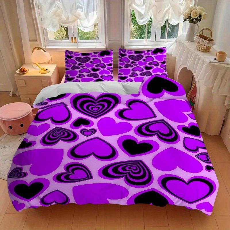3pcs Purple Heart Pattern Bedding Set, Breathable and Soft, Suitable for All Seasons, Ideal for Home Use, Suitable for Bedroom Decor 21174