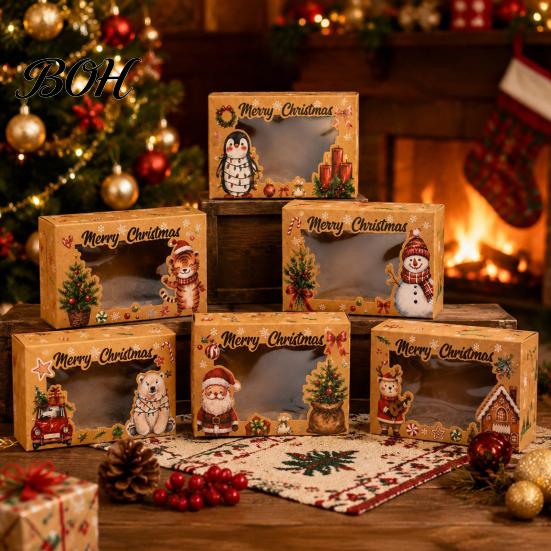 Christmas Treat Boxes for Kids 6Pcs Paper Gift Boxes, Xmas Color Printed Foldable Cookie Clear Window Holiday Bakery Packaging Desserts, Candies,