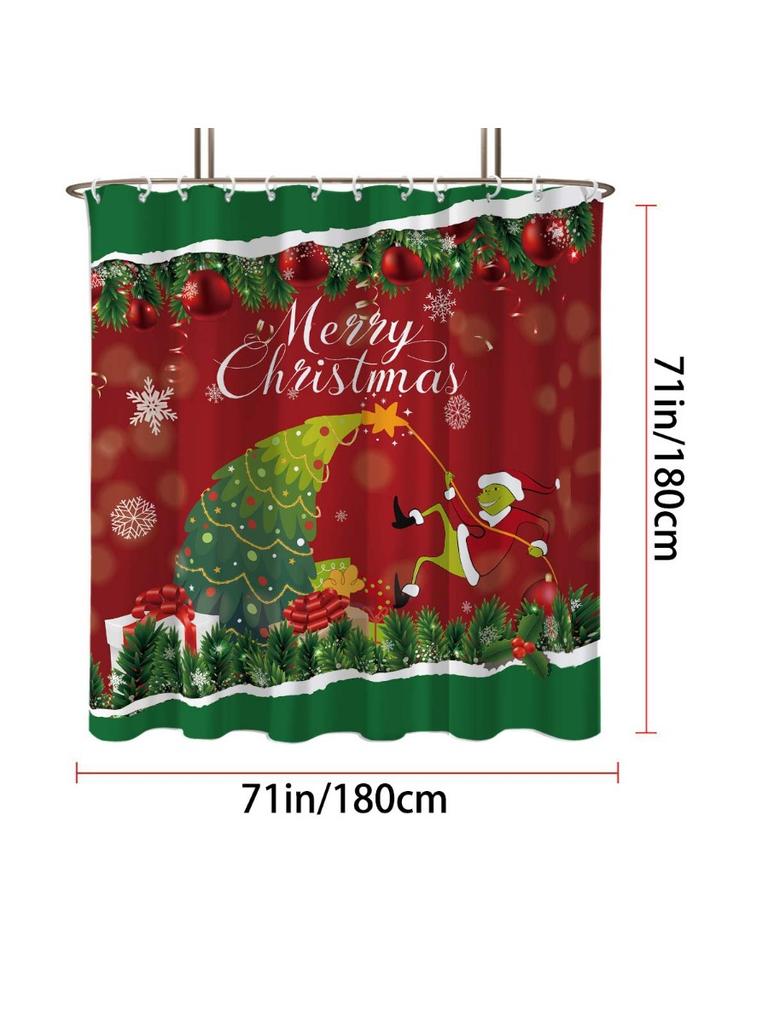 1pc Merry Christmas Print Waterproof Shower Partition Hanging Curtain with 12 Hooks Multiple Sizes Machine Washable