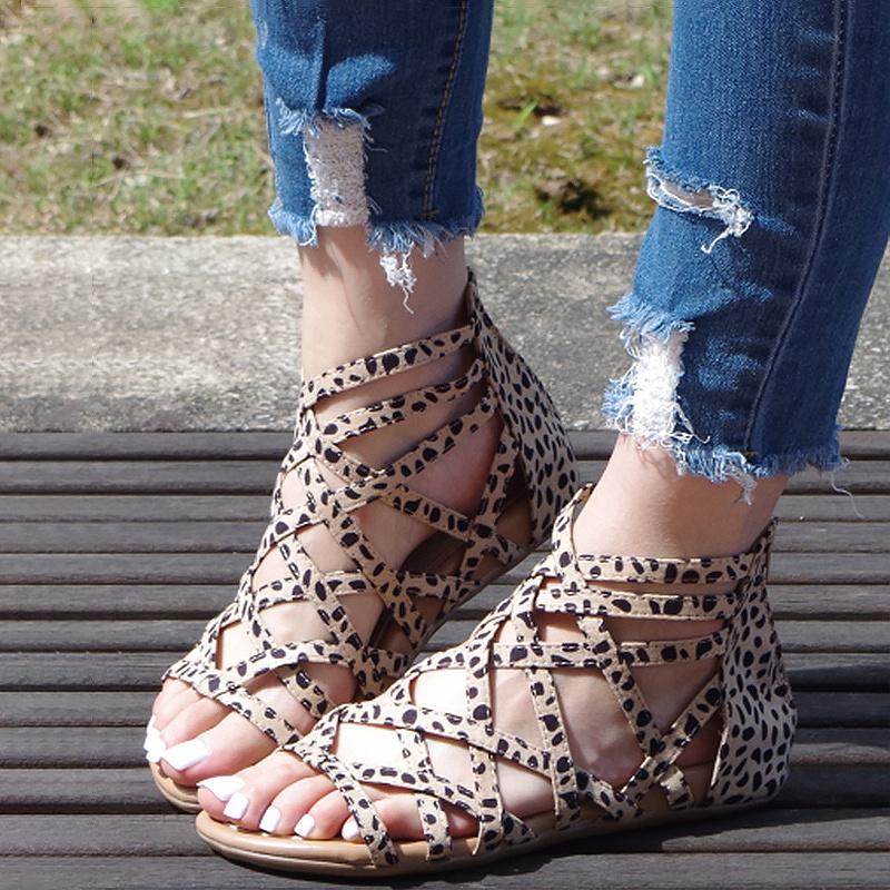 New Women Open Toe High Tops Sandals Comfy PU Leather Hollow Out Summer Shoes Boho Style Bandage Back Zipper Beach Shoes