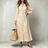 Women's Long Sleeve Stand Collar Maxi Dress with Single-Breasted Waist-Cinching Flared Hem for Vacation