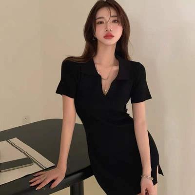 Spice Girl Pure Desire Style Sexy Black Slim Fit and Thin Temperament Hip-wrapped Small V-neck Split Dress Summer Skirt