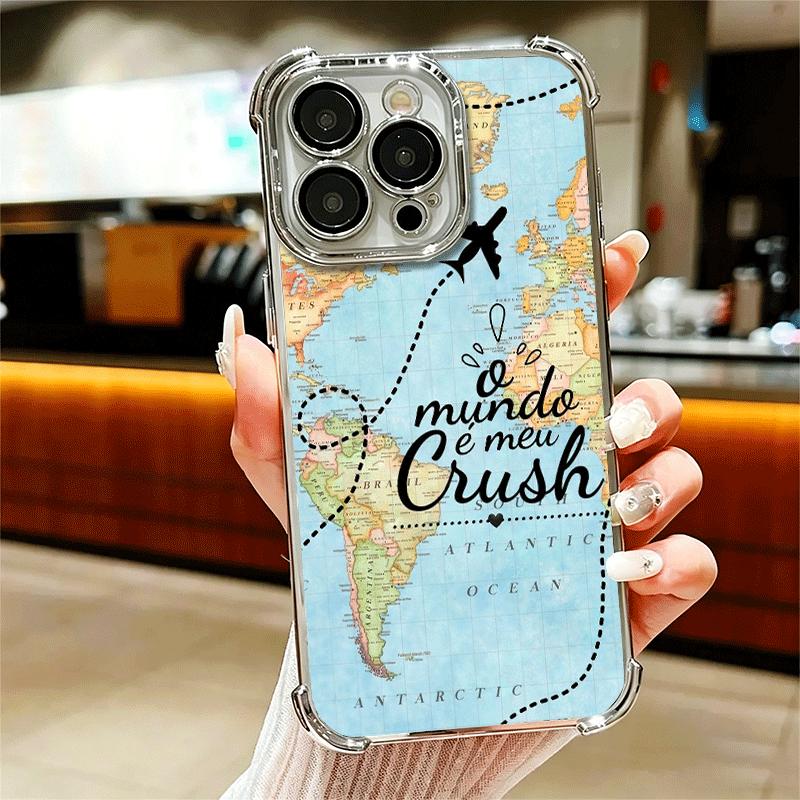 Travel Map Artistic Pattern Plating Phone Case For Iphone 16 17 Pro Max Air 16E 14 15 Plus 12 13 Mini Anti-Fall Airabag Cover