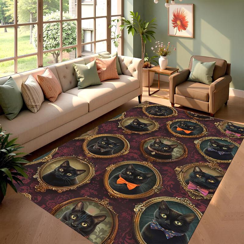 Retro Black Cat Print Rug, Gothic Kitten Pattern Area Rug, Cute Pet Carpet for Living Room Bedroom