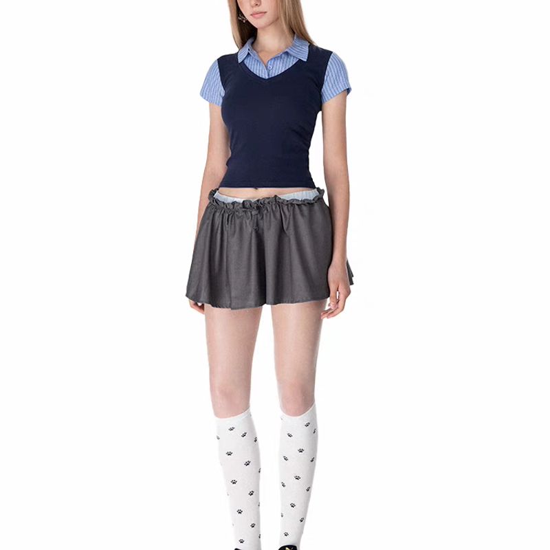 Zbzr Spring New Women Clothes Western Style American Vintage Fake Two Pieces Shirts Patchwork Short Sleeve Leisure Top