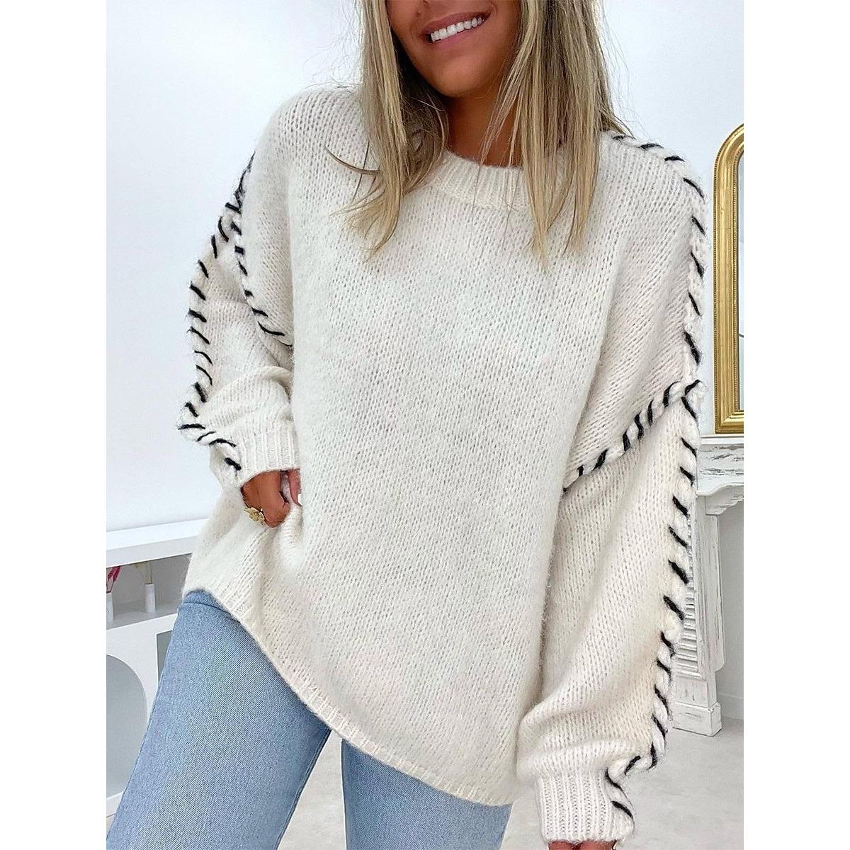 Women s Crew Neck Long Sleeve Contrast Stitch Knit Sweater Loose Fit Casual Pullover Top S
