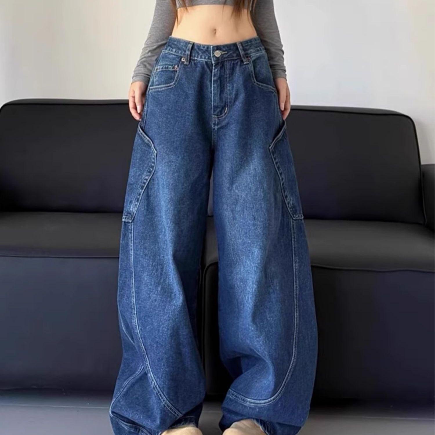 

American Retro Curved Blade Jeans: Spring High Street Loose Wide-Leg Pants with Pocket and Letter Design. L (for 105-115 kg) темно-синий