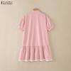 ZANZEA Women Stand Collar Summer Lace Splice Hem Loose Half Sleeve Dress