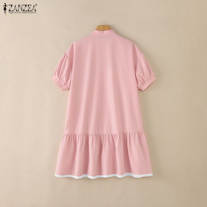 ZANZEA Women Stand Collar Summer Lace Splice Hem Loose Half Sleeve Dress