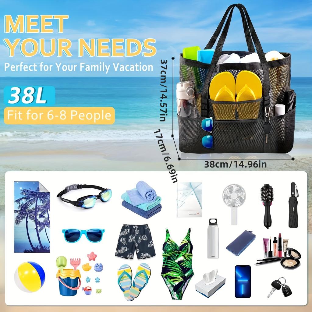 Large Single-Shoulder Carry Mesh Shower Gym Swimming Bag Cosmetic Storage Tote Beach Handbag Portable Multi-Pocket Beach Bag