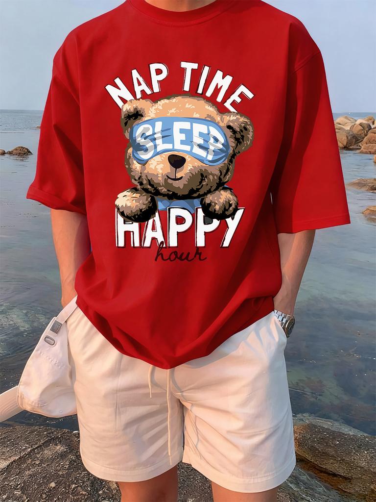Cartoon Bear Nap Time Happy Prints TShirts Womens Cotton Summer Short Sleeve Tees Soft Loose ONeck Tops Casual Womans Clothes