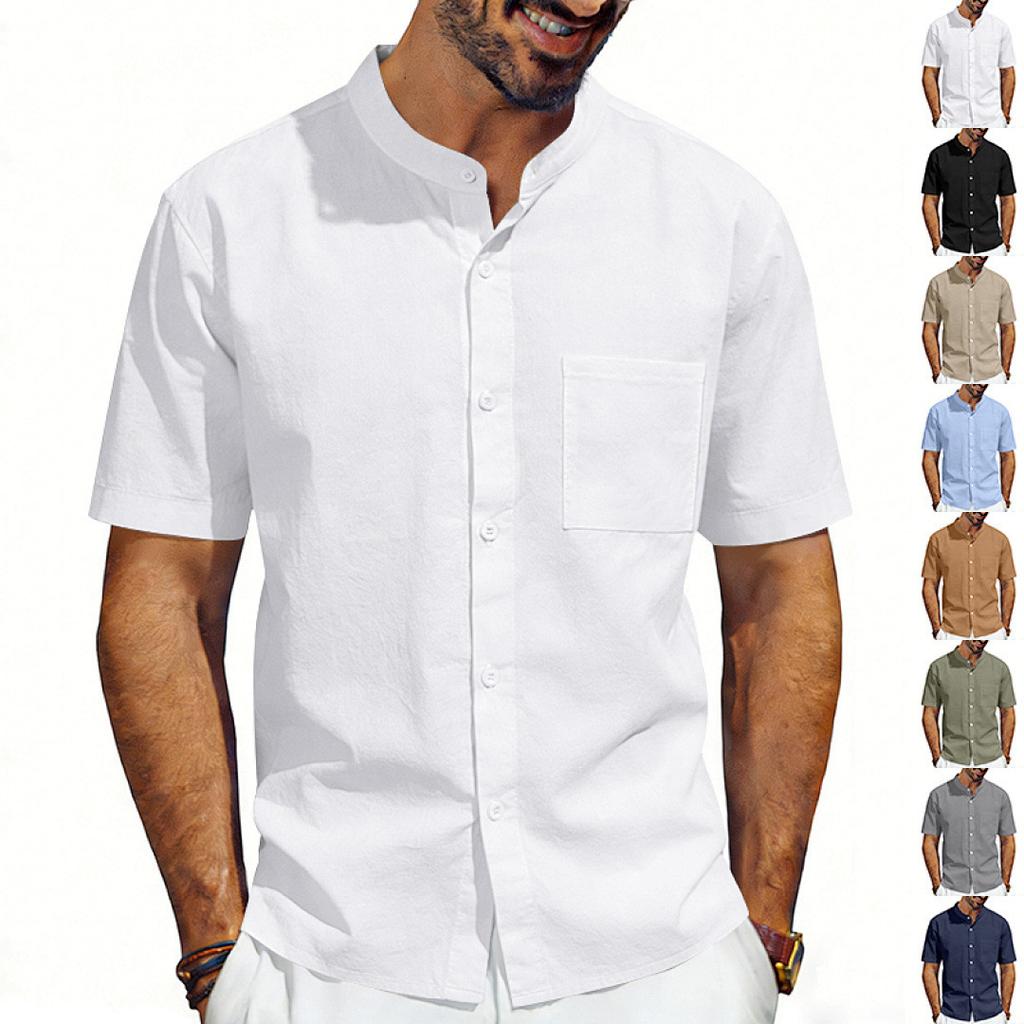Herren Leinenmischung Hemd mit Mandarin-Kragen Kurzarm, Stehkragen Button-Down mit Brusttasche, Atmungsaktives Lässiges Sommer Oberteil mit Entspannter Passform für den Alltag