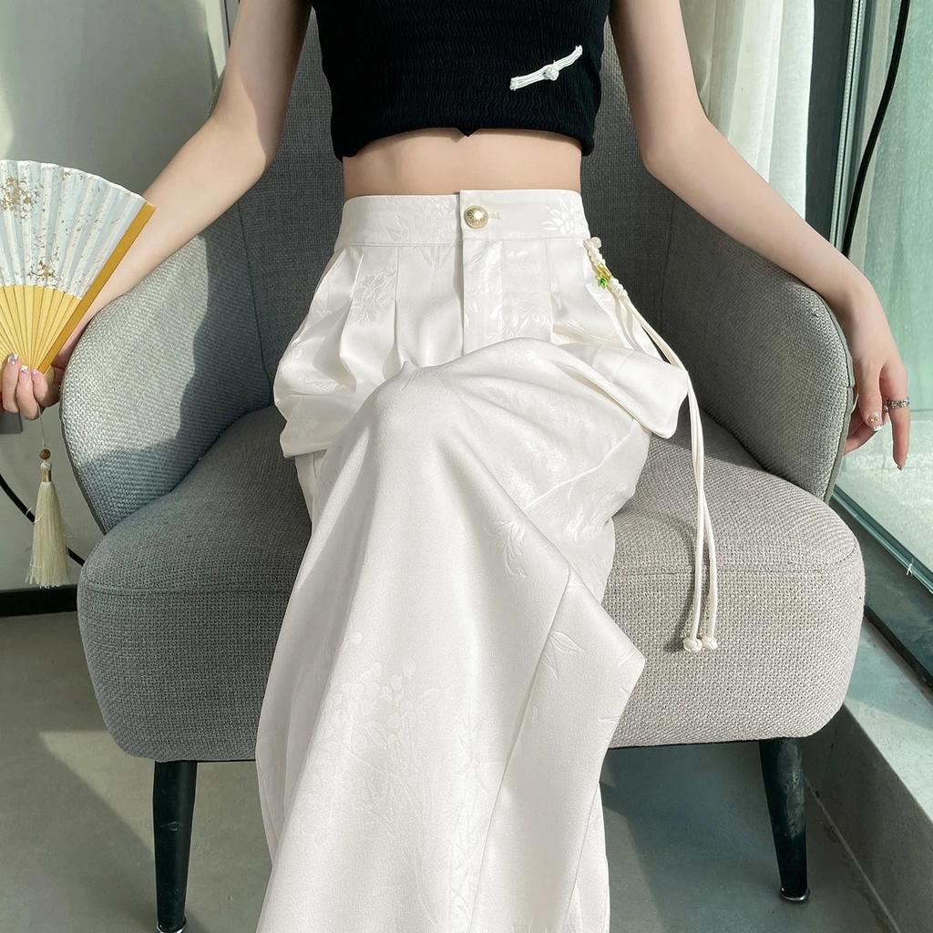 Chinese Style Jacquard Wide Leg Satin Pants for Ladies Luxury Solid Office Lady Ladies's Daily Loose Pants Female