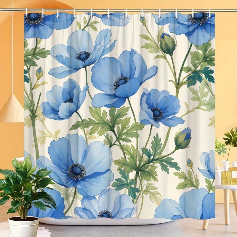 Blaue Seeanemone Blume Waschbar Schmutzabweisend Duschvorhang Duschkopf Wasserdicht Polyester Badvorhang Für Heimdeko