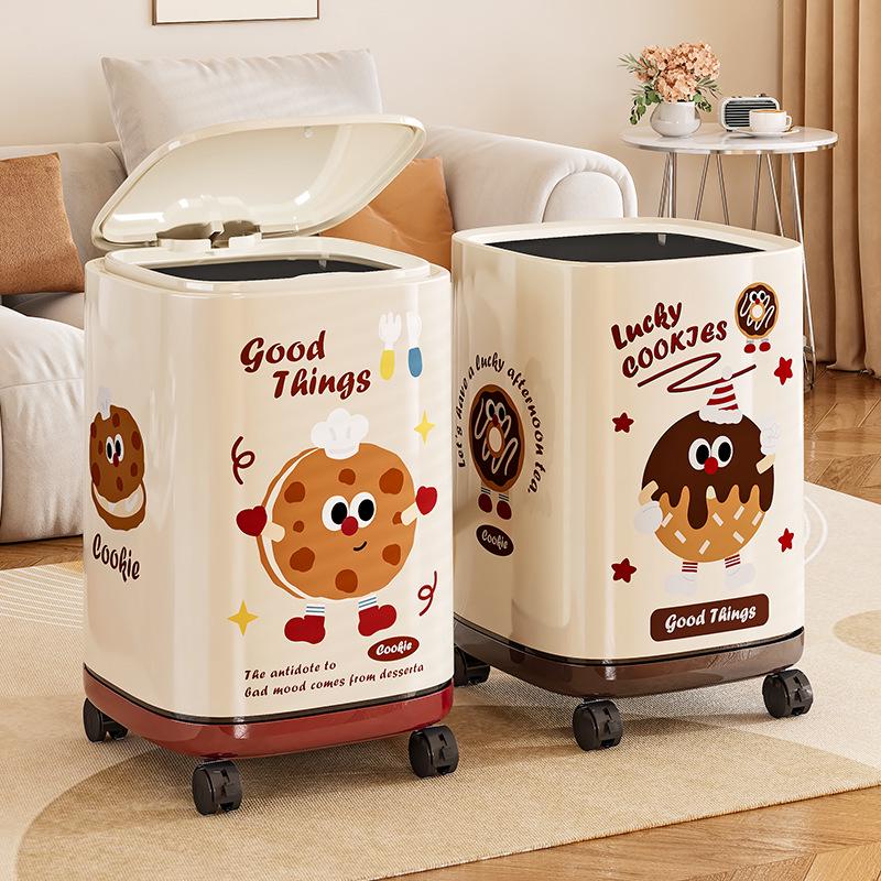 Wheeled Double Barrel Cartoon Trash Can with Lid for Living Room & Bedroom