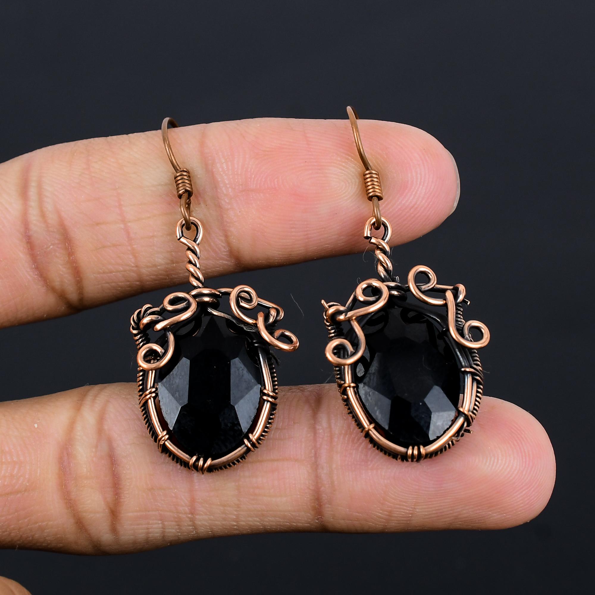 

Black Onyx 999 Copper Wire Wrapped Earrings, Handmade Gemstone Jewelry Earrings For Memorial Day 2.55 Inches