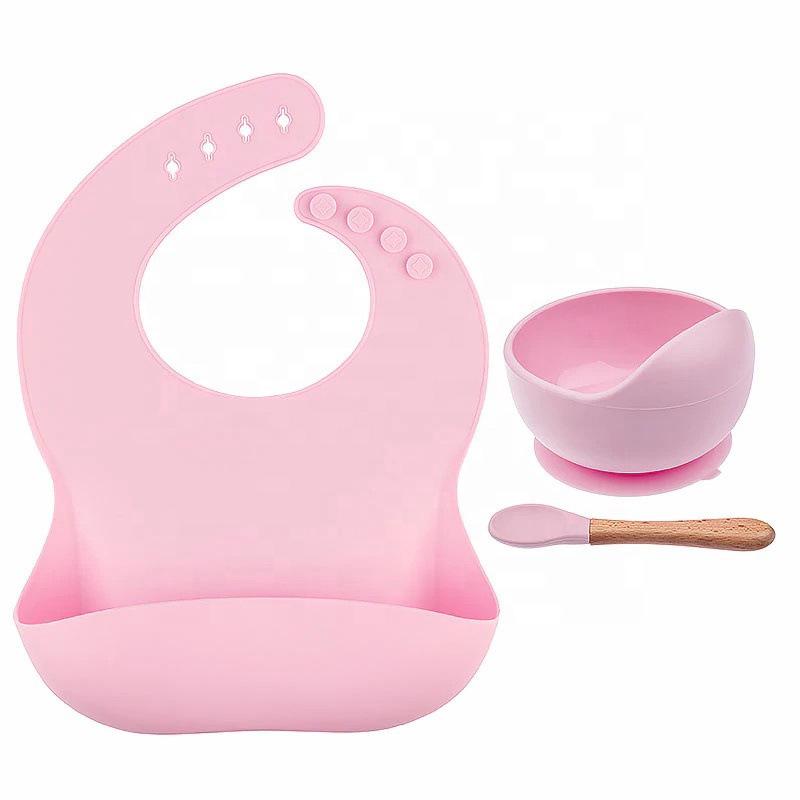 Silicone Bib & Tableware Set: Snail Bowl, Wooden Handle Spoon & Fork - Child Safe 3-Piece Feeding Kit
