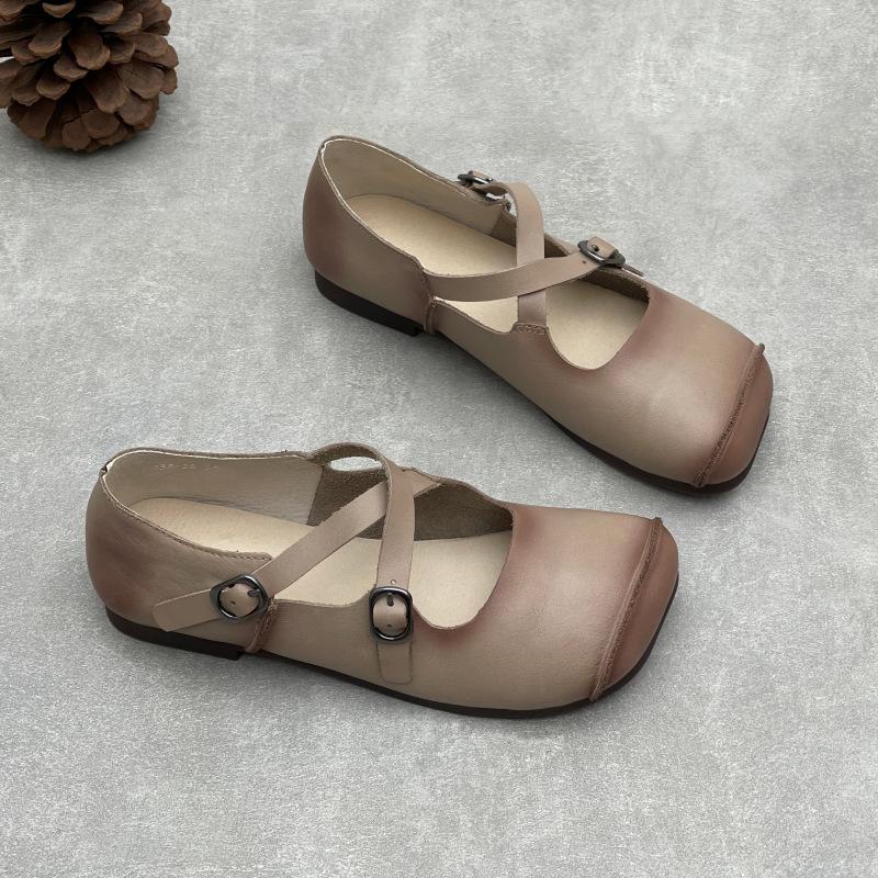 

Johnature Genuine Leather Women s Shoes Retro Cross Belt Buckle Square Toe Cowhide Soft Soled Flat Shoes 35 серый