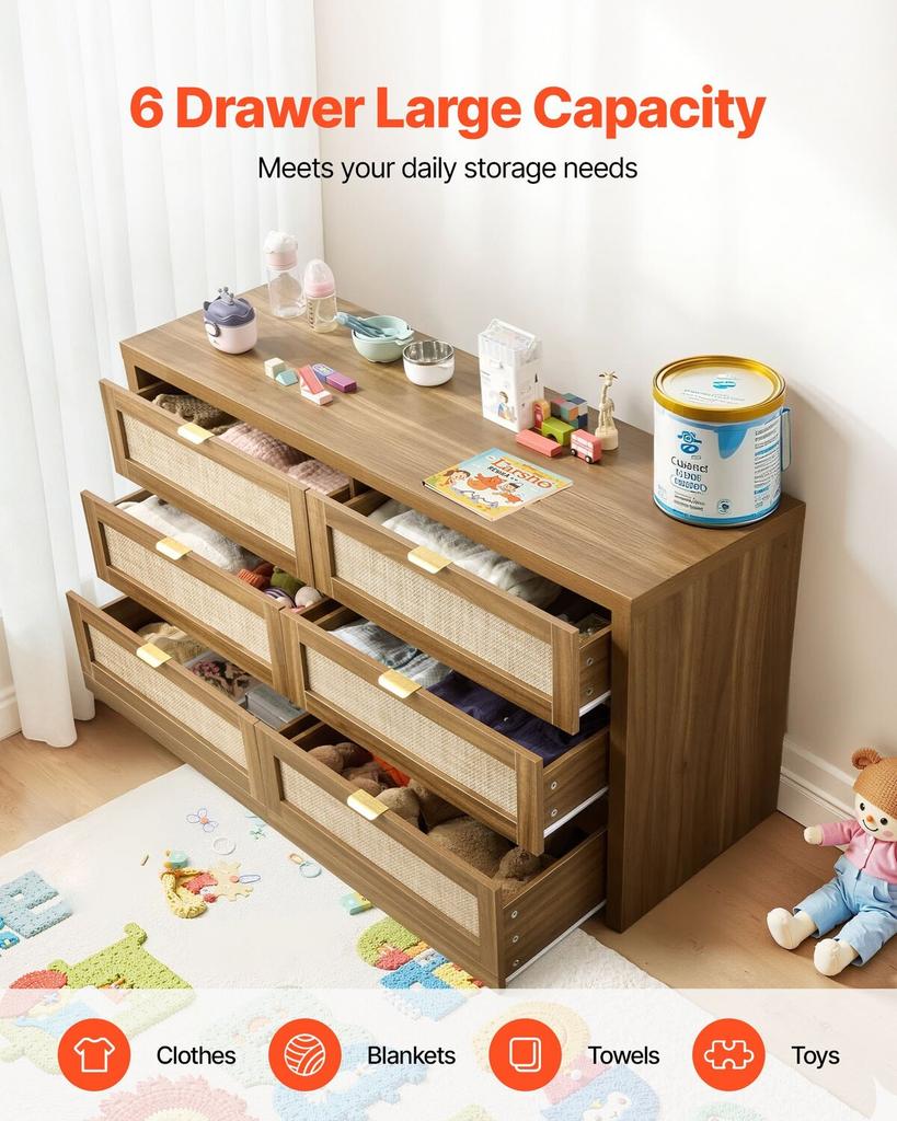6 Drawer Rattan Dresser, Double Dresser for Bedroom, Natural Rattan Chest of Drawer with Metal Handle, Modern Wood Chest Clothing Organizer & Storage
