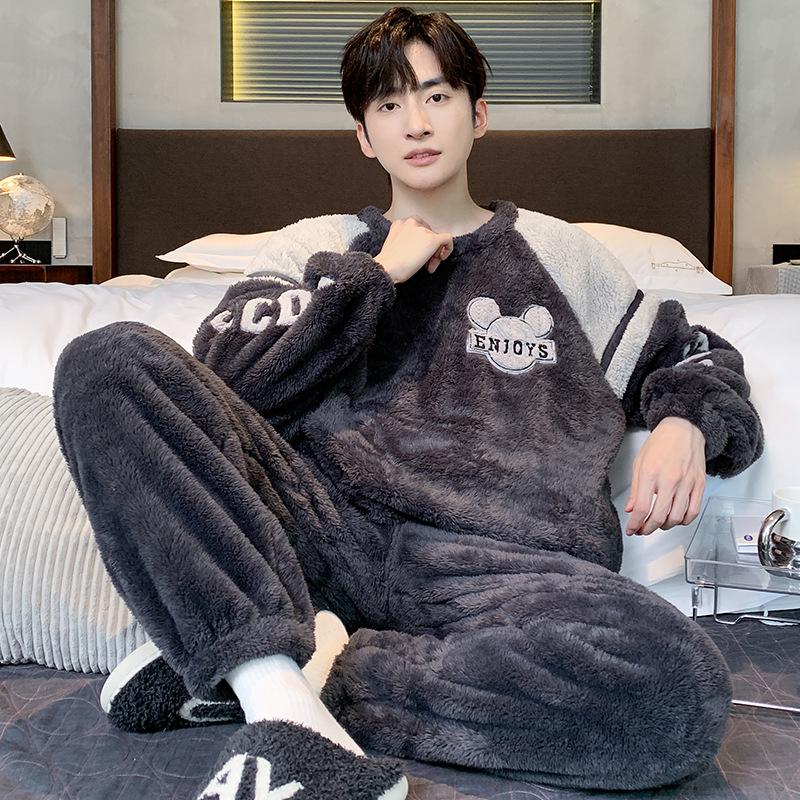 

2024 Мужская осенне-зимняя пижама с мультяшным принтом, плюшевый пуловер, плотный коралловый флис для домашней одежды XL